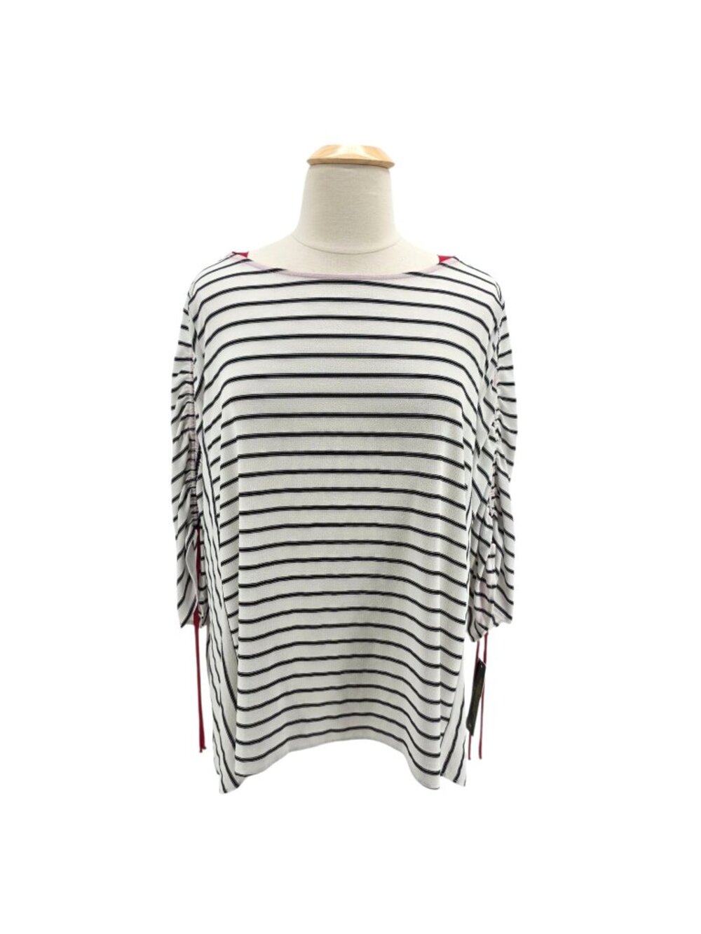 NEW IC by Connie K Womens 2X Top Tunic Ruched Sleeve Striped Ivory Black Red